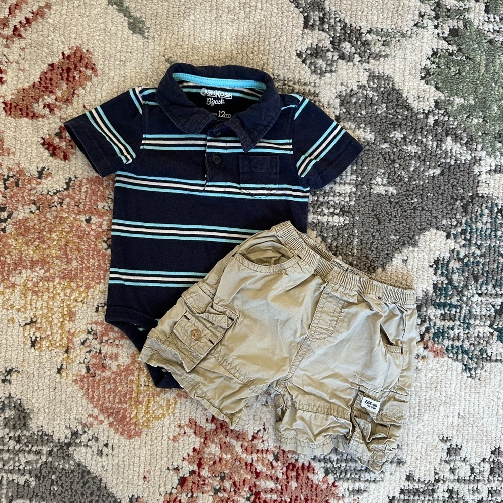 Y2K OshKosh Stripe Polo + Place Cargo Shorts Set 12 Months Baby Boy